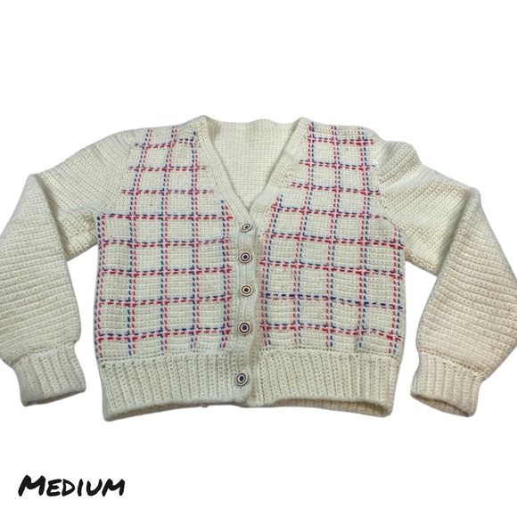 The Unbranded Brand Sweaters - Vintage 3D Cottagecore Grandma Cardigan Sweater Size M Crochet Cable Knit Floral